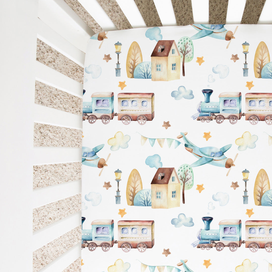 Fitted Crib Sheet Airplane And Train Theme Cozy Baby Bedding Honey Lemonade