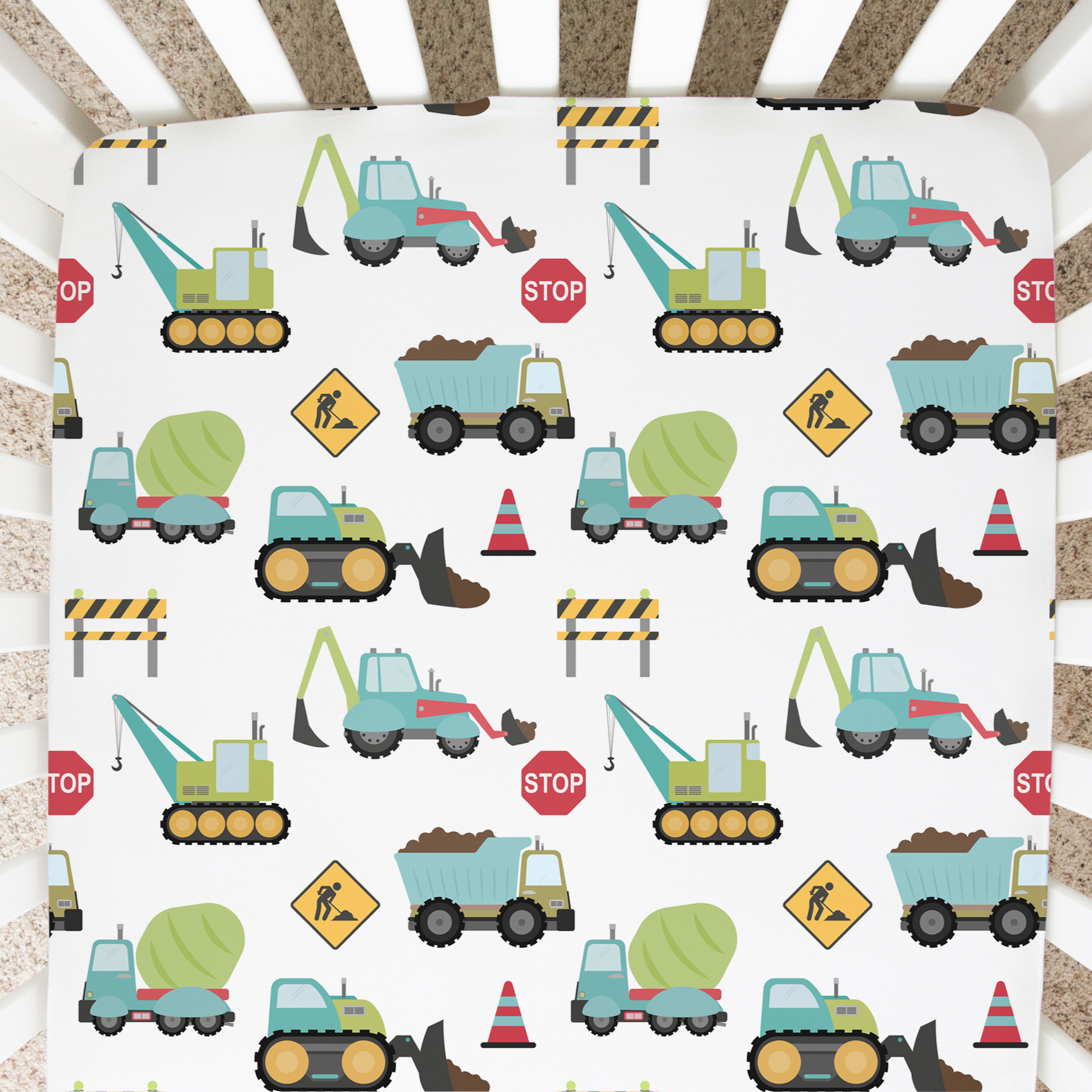 Honey Lemonade Colorful Fitted Crib Sheet with Construction Trucks for Baby Nurseries - Furniture > Baby & Toddler Furniture > Cribs & Toddler Beds > Toddler Beds