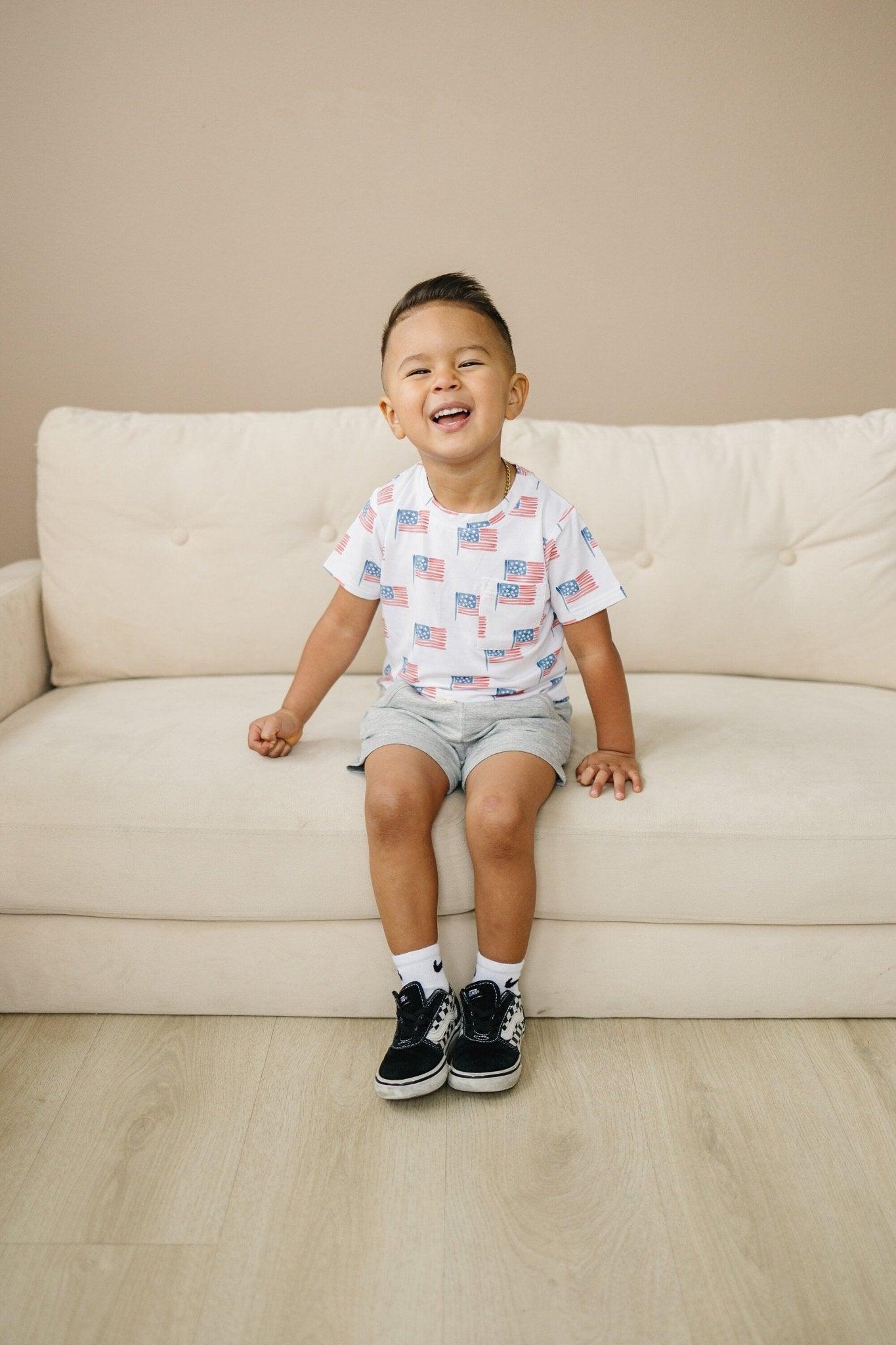 Little Joy Co. Flag Print Bamboo Pocket Tee & Shorts
