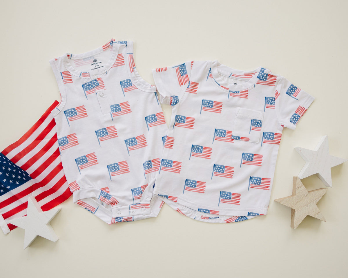 Little Joy Co. Flag Print Bamboo Romper