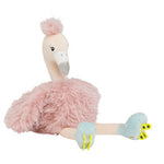 Pink flamingo plush toy wearing roller skates, standing upright with a cheerful expression.