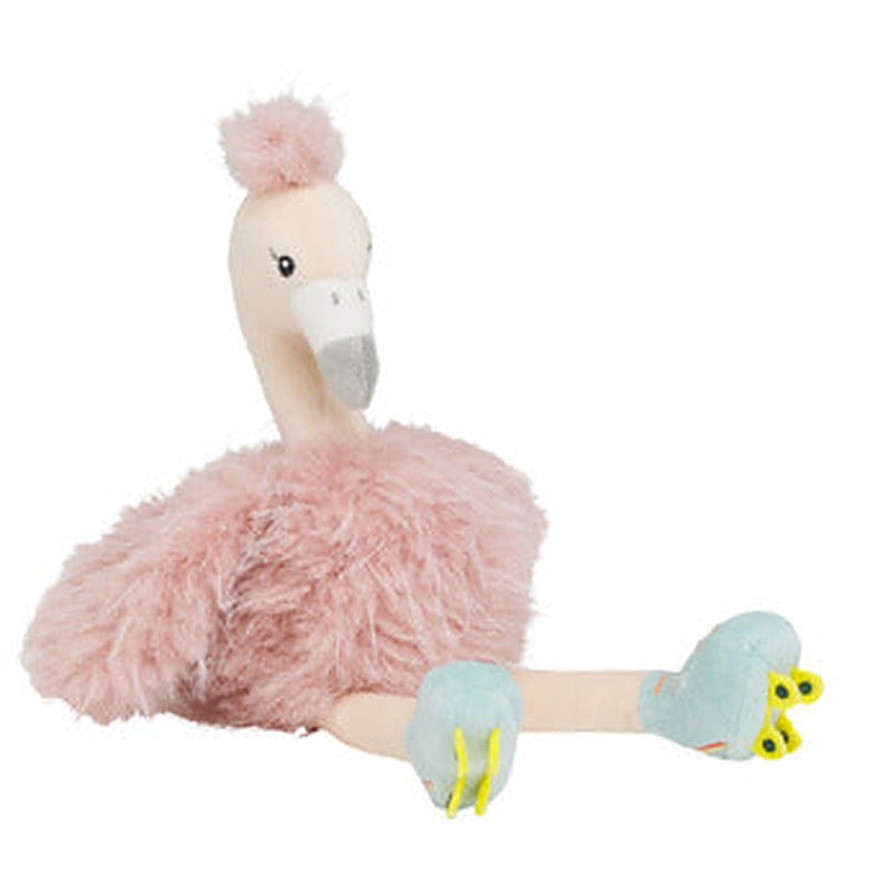 Pink flamingo plush toy wearing roller skates, standing upright with a cheerful expression.