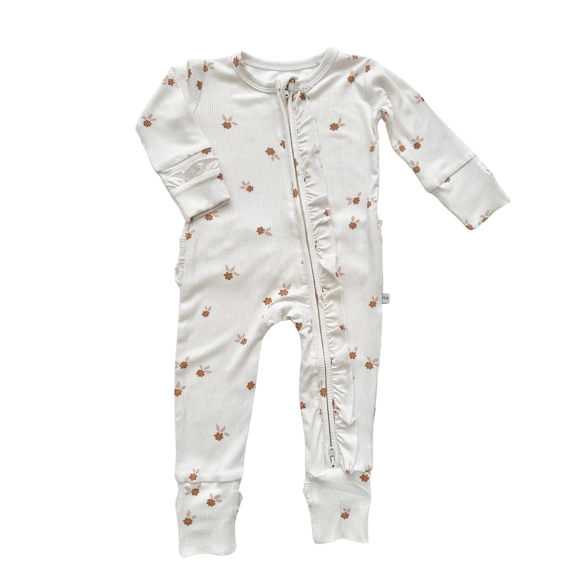 Harp Angel Boutique Fleur Ribbed Bamboo Ruffle Baby Romper | 2 - Way Zipper Sleeper - 