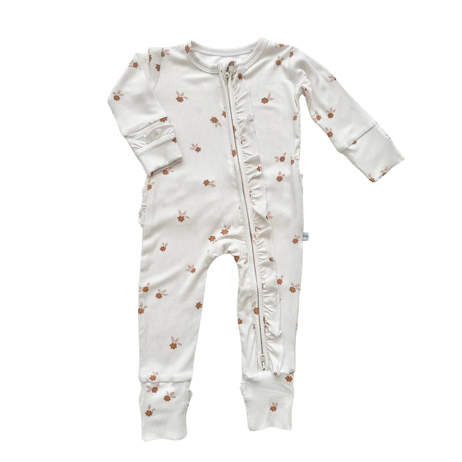 Harp Angel Boutique Fleur Ribbed Bamboo Ruffle Baby Romper | 2 - Way Zipper Sleeper - 