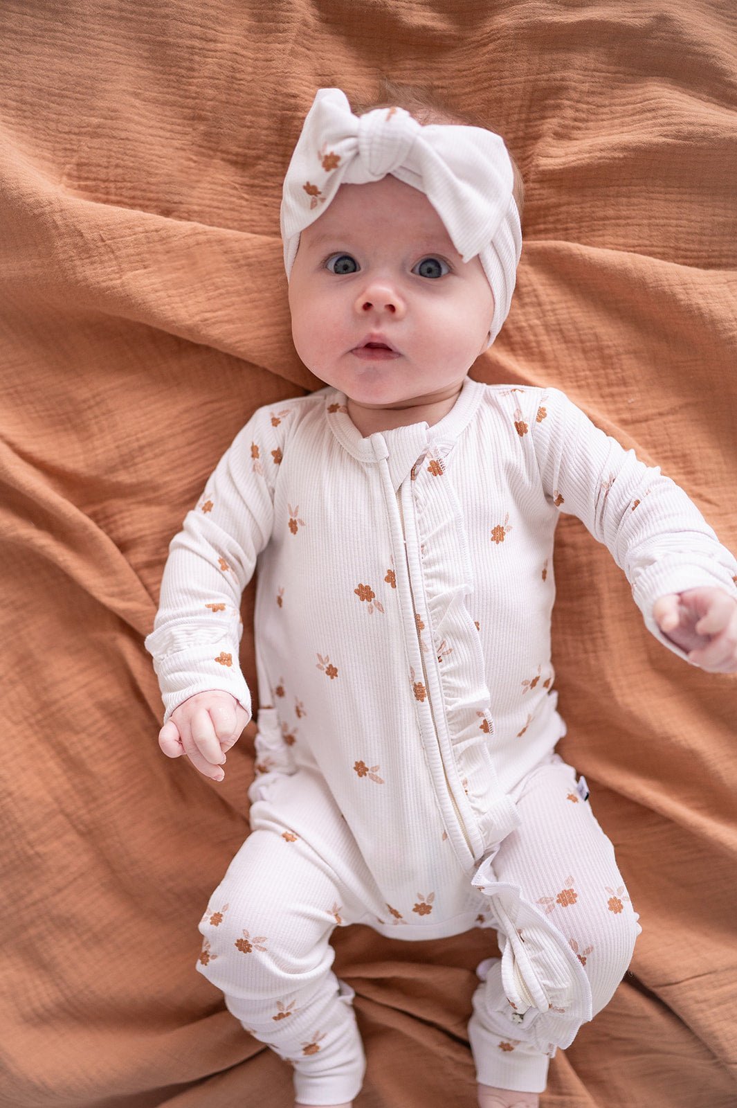 Harp Angel Boutique Fleur Ribbed Bamboo Ruffle Baby Romper | 2 - Way Zipper Sleeper - 