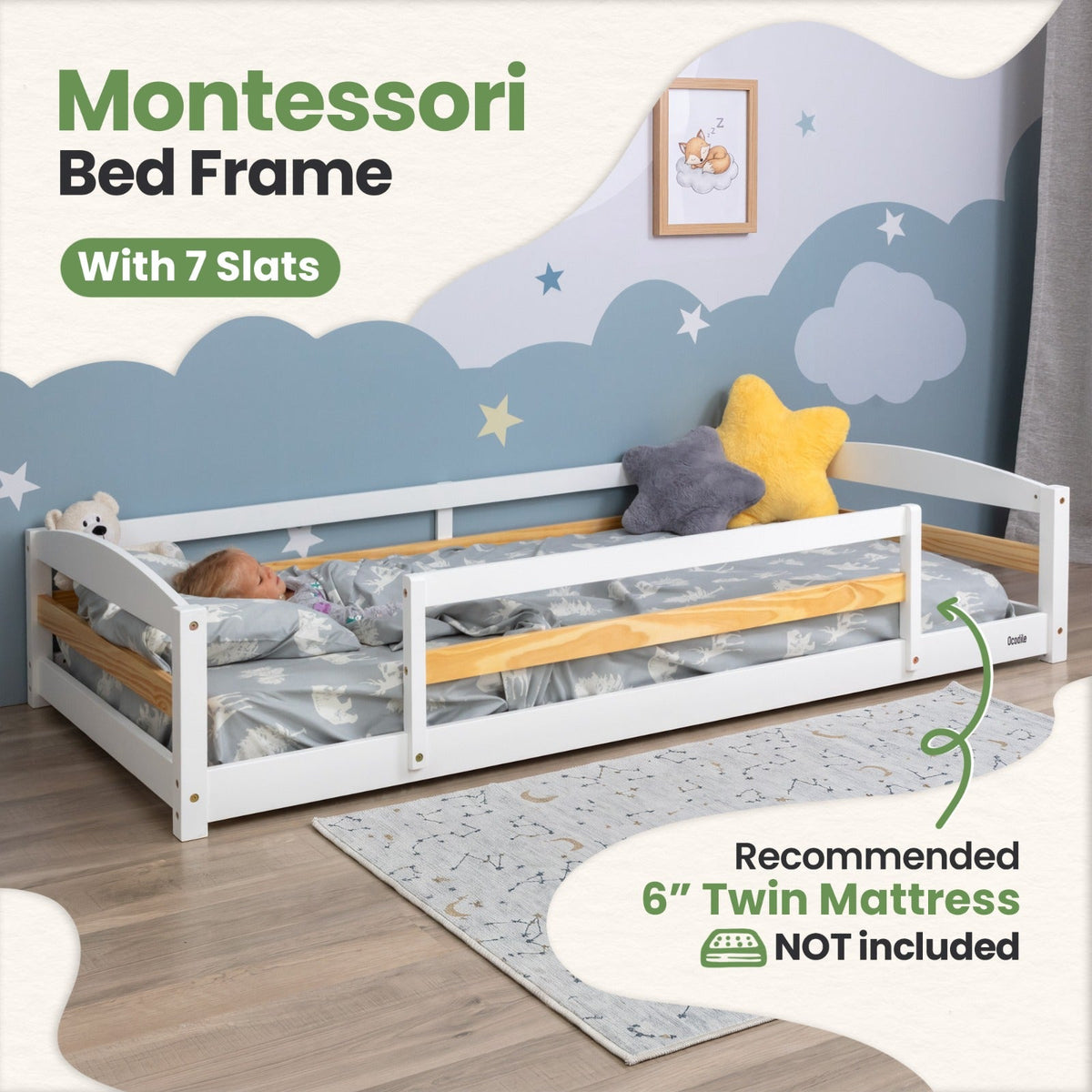 Twin Size Montessori-Inspired Floor Bed with Safety Guardrails for Kids by Ocodile.com