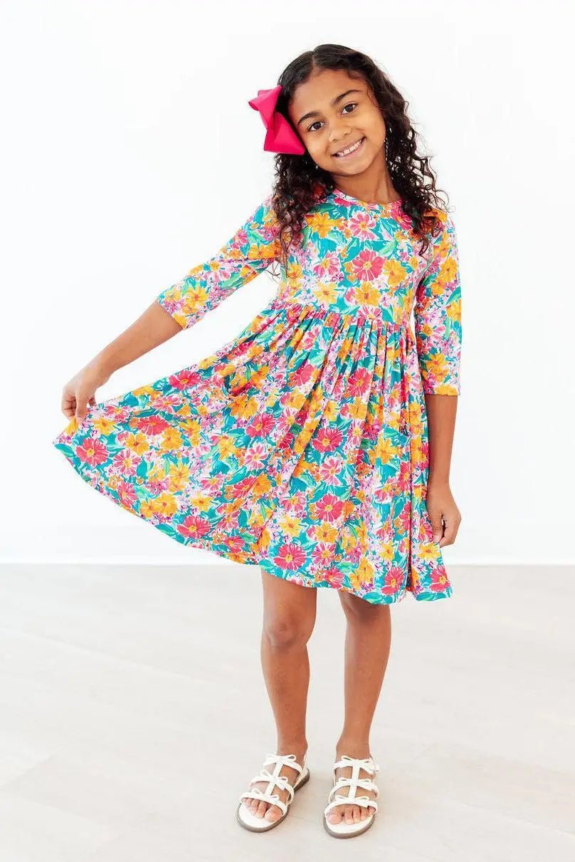 Mila & Rose ® Floral Fiesta 3/4 Sleeve Pocket Twirl Dress - 