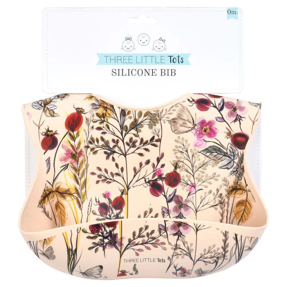 Three Little Tots Floral Silicone Bib with Crumb Catcher - 