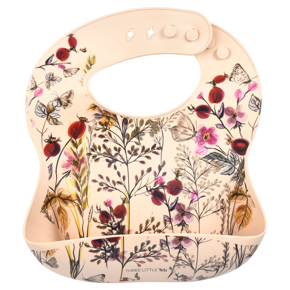Three Little Tots Floral Silicone Bib with Crumb Catcher - 