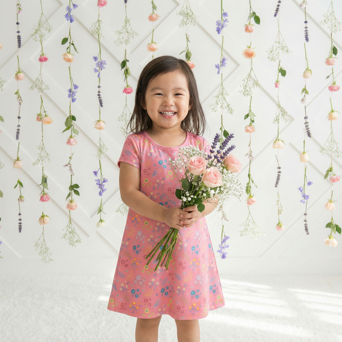 Short sleeve A-line toddler dress in a flower confetti print on a light background