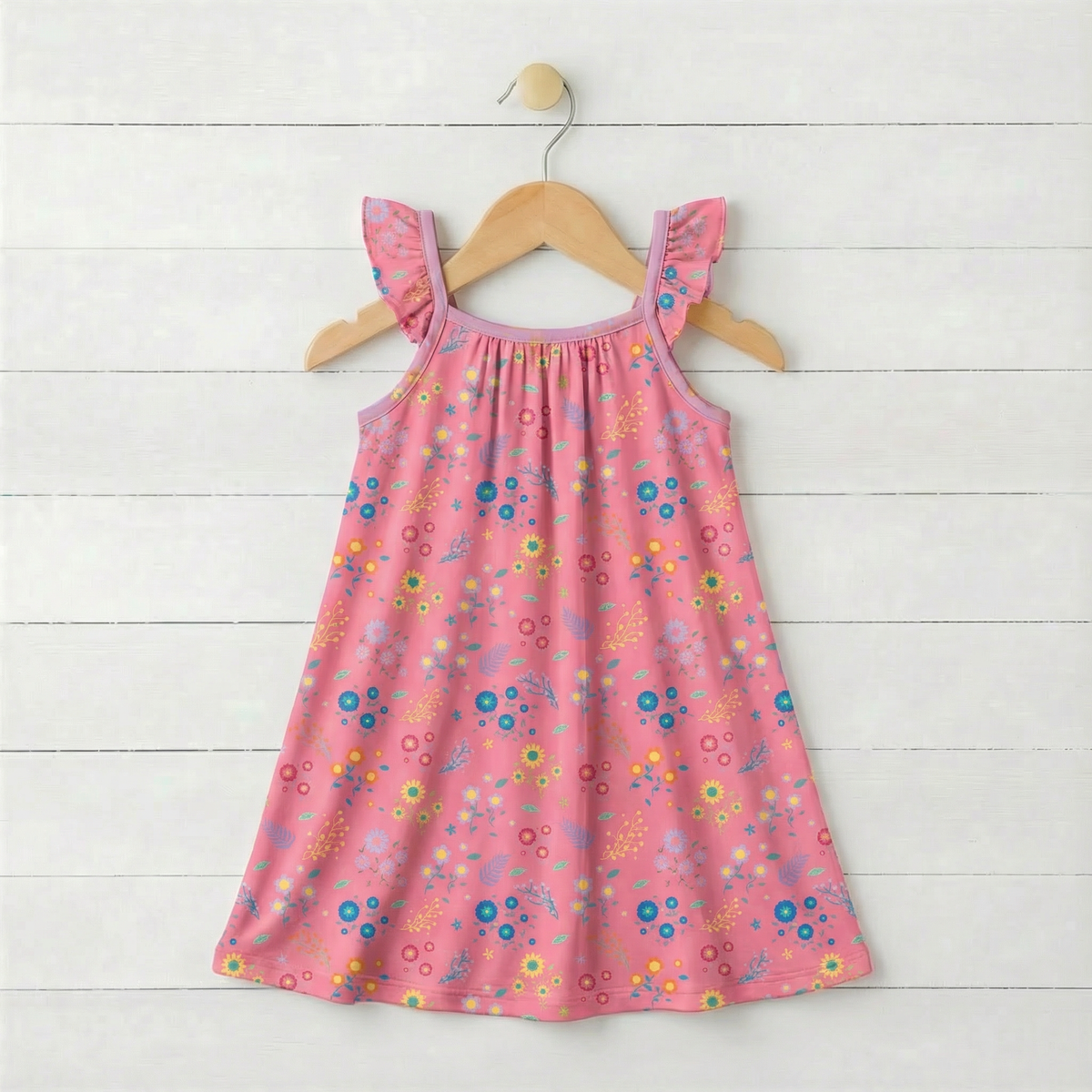 Flutter sleeve dress with scattered multicolor flower confetti print on a light background