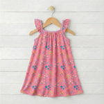 Flutter sleeve dress with scattered multicolor flower confetti print on a light background
