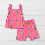 Baby flutter strap tank top and matching shorts in a flower confetti print on a white background
