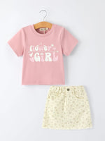 Rylee Faith Designs Flower Letter Girl Short Sleeve Top Denim Skirt Set - 