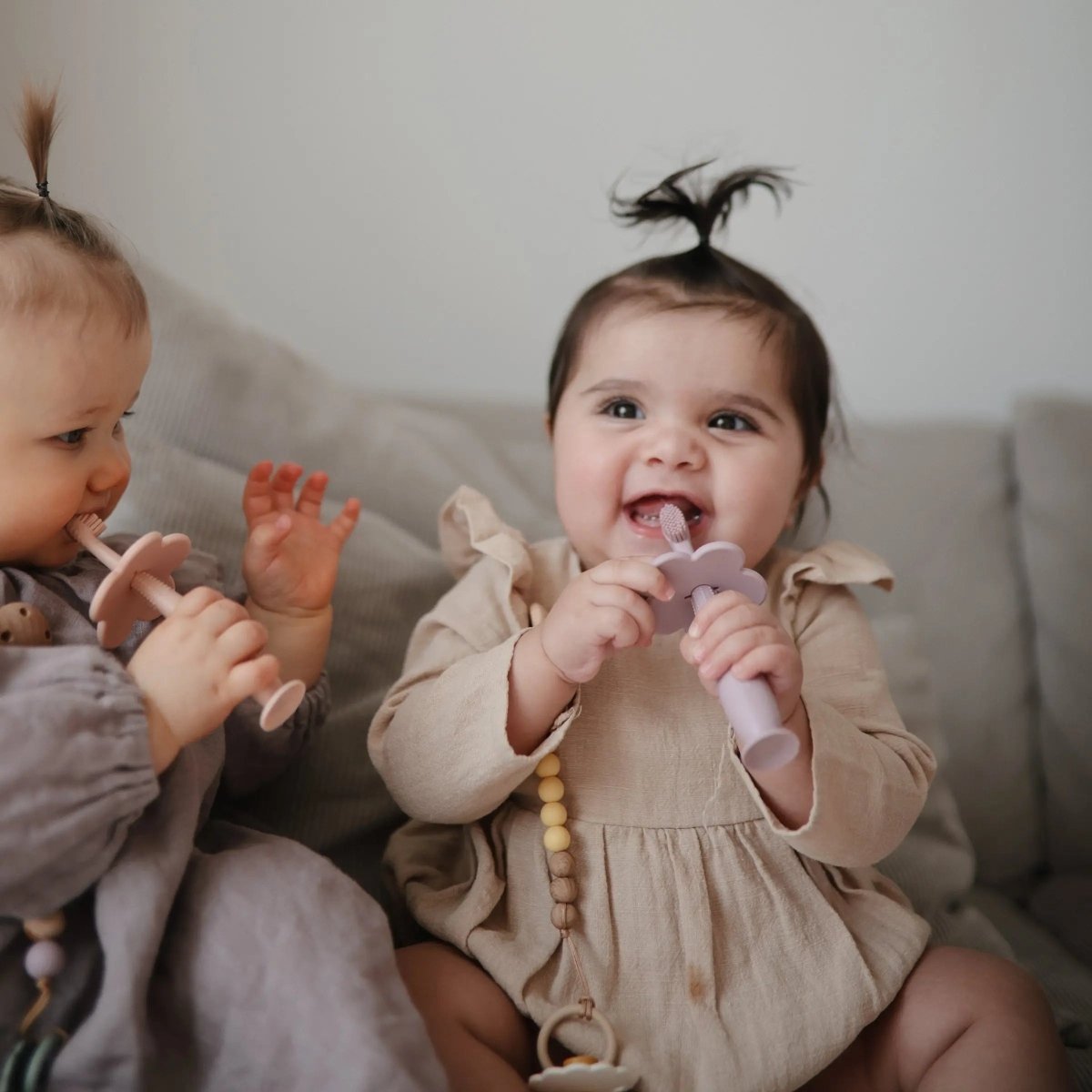 Mushie Flower Training Toothbrush for Kids - Soft Silicone Bristles for Gentle Cleaning and Gum Stimulation -