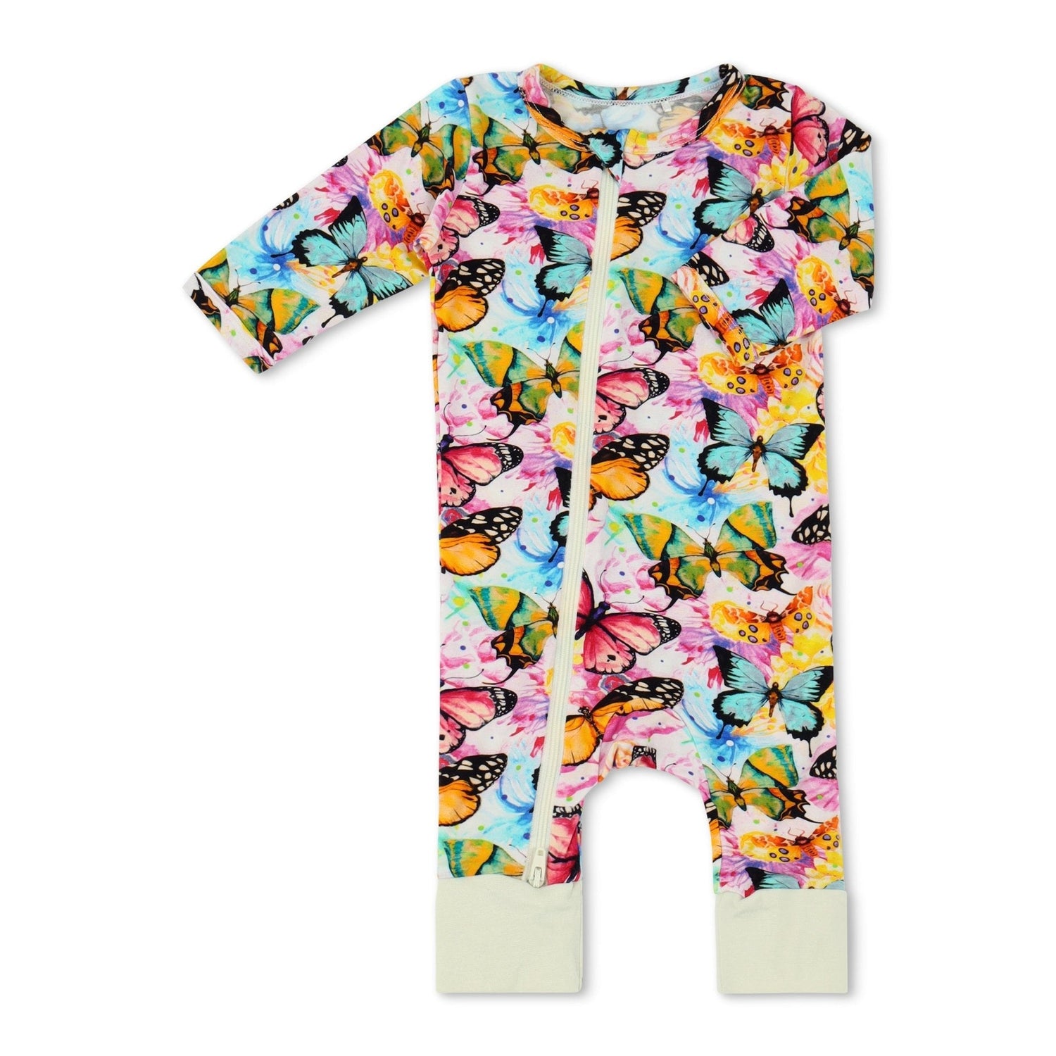 Bamboo baby coverall in Flutter Dreams print with front dual zipper and cuffed ankles