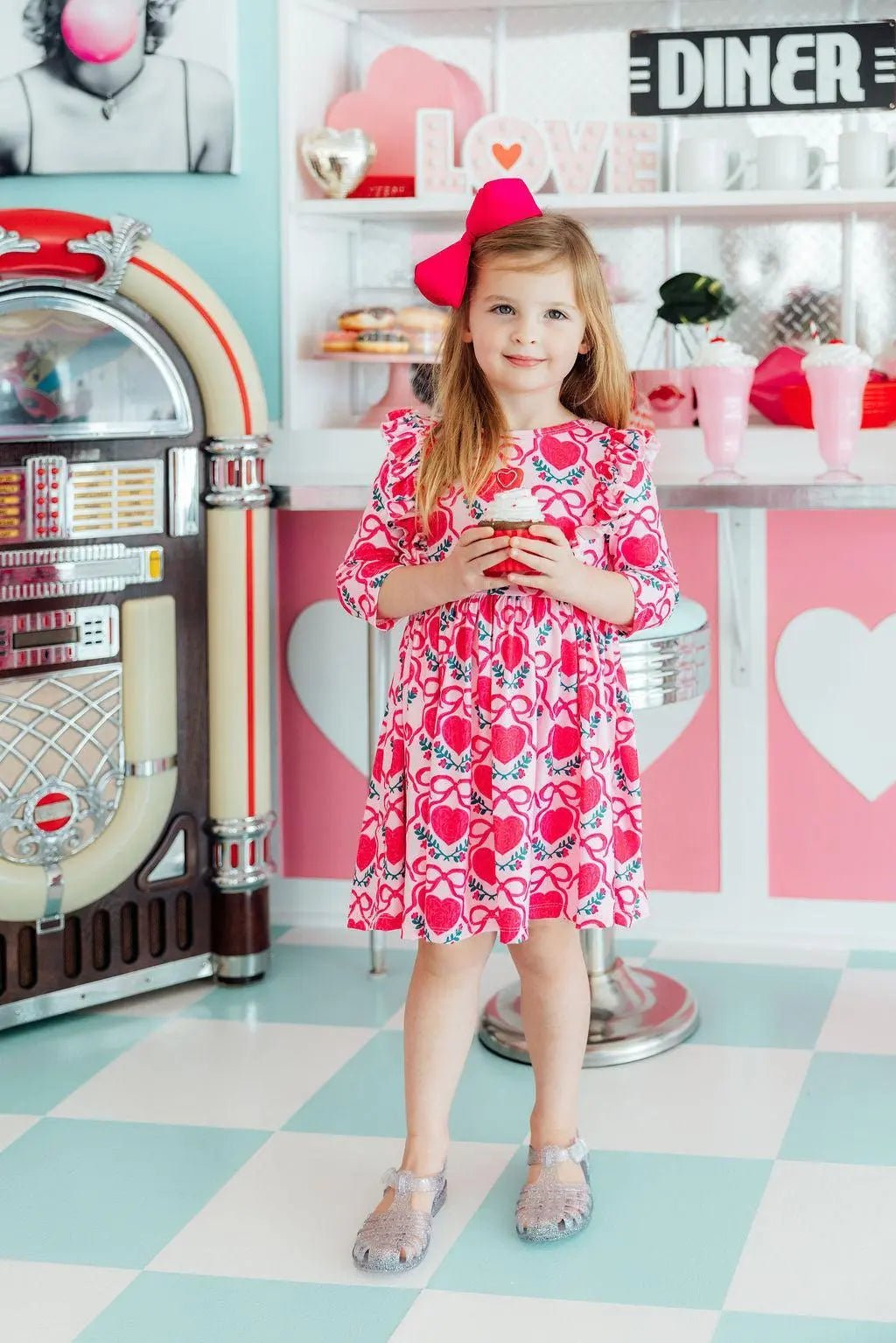 Mila & Rose ® Fluttering Hearts 3/4 Sleeve Ruffle Twirl Dress - 