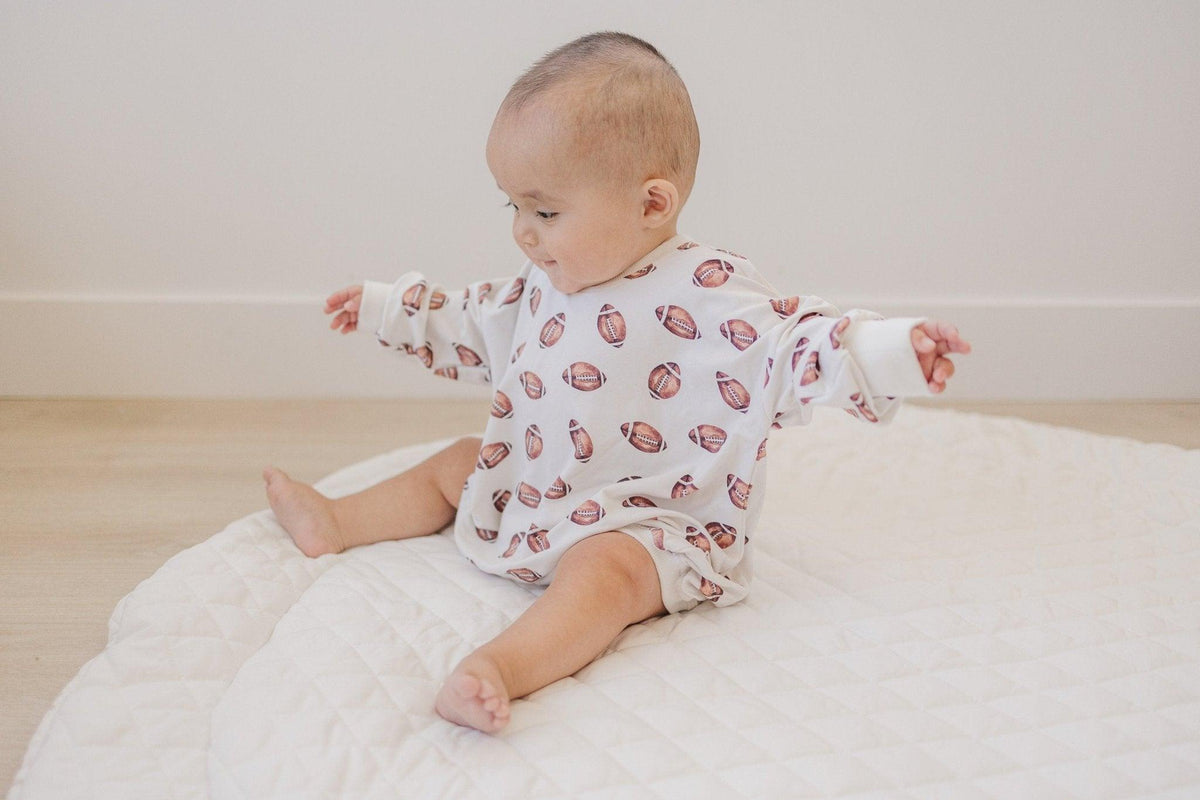Football Print Bamboo Bubble Romper by Little Joy Co.