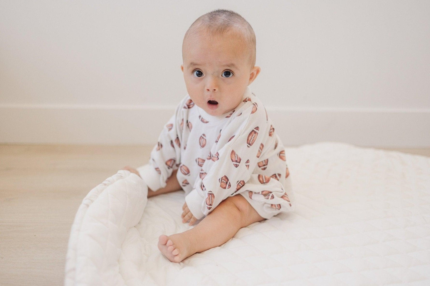 Football Print Bamboo Bubble Romper by Little Joy Co.