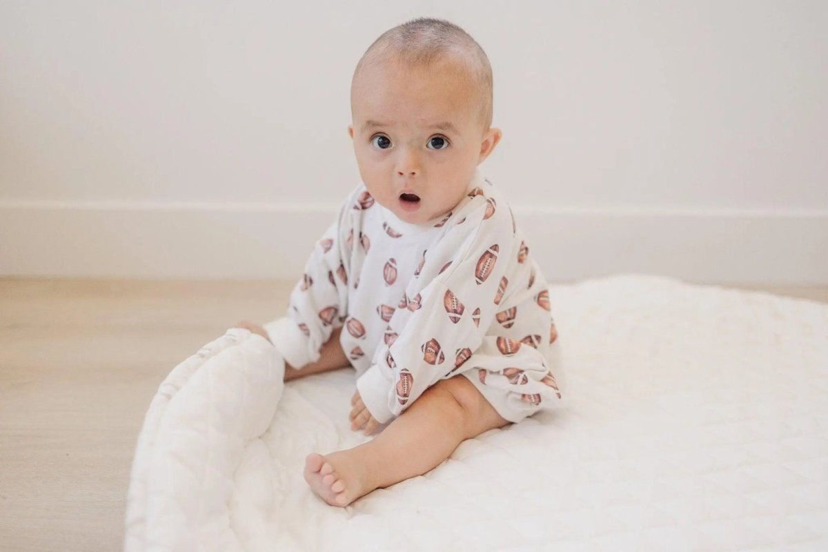 Little Joy Co. Football Print Bamboo Bubble Romper Unisex Baby Outfit - Everetts Place Boutique - 