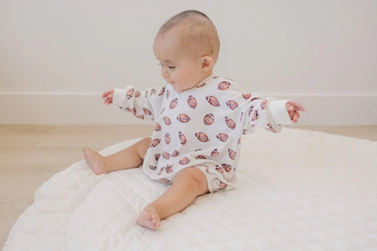 Little Joy Co. Football Print Bamboo Bubble Romper Unisex Baby Outfit - Everetts Place Boutique - 