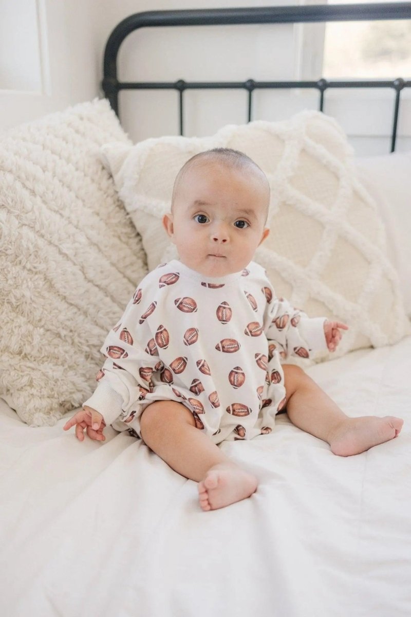 Little Joy Co. Football Print Bamboo Bubble Romper Unisex Baby Outfit - Everetts Place Boutique - 