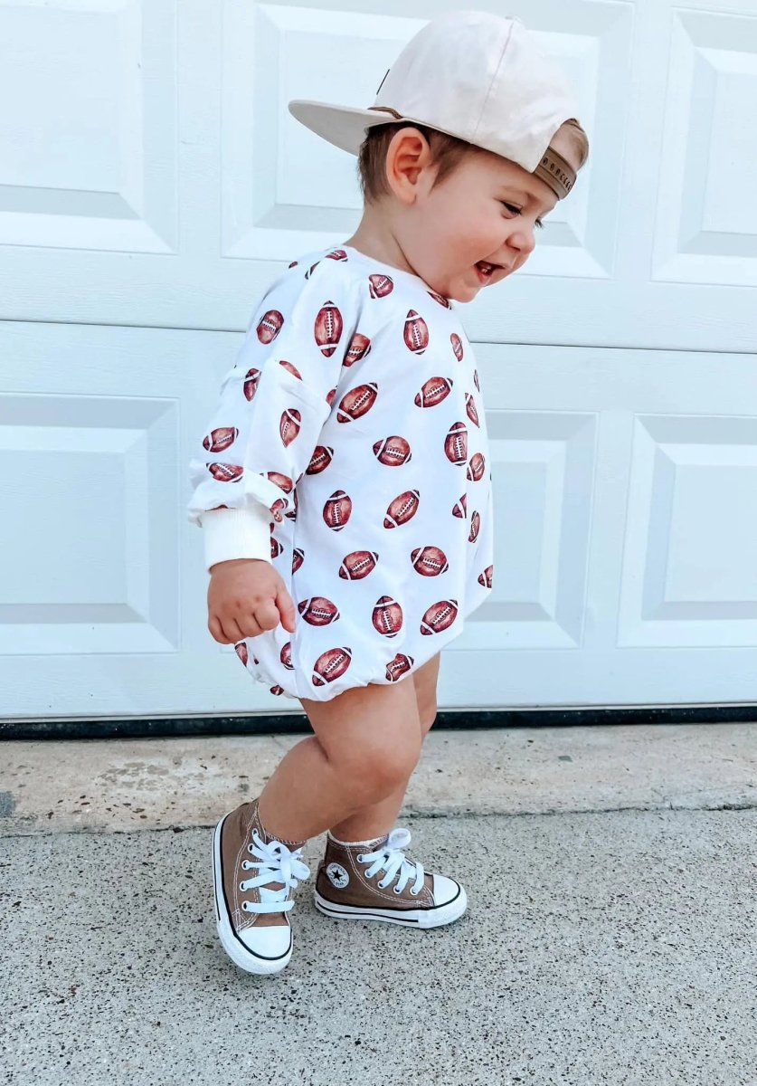 Little Joy Co. Football Print Bamboo Bubble Romper Unisex Baby Outfit - Everetts Place Boutique - 