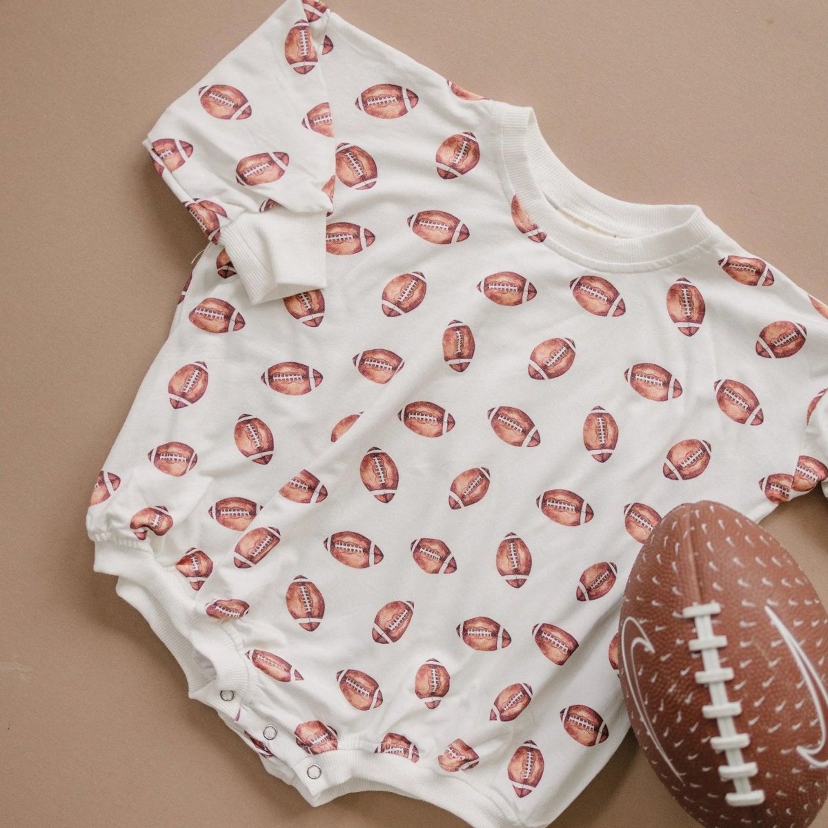 Little Joy Co. Football Print Bamboo Bubble Romper Unisex Baby Outfit - Everetts Place Boutique - 