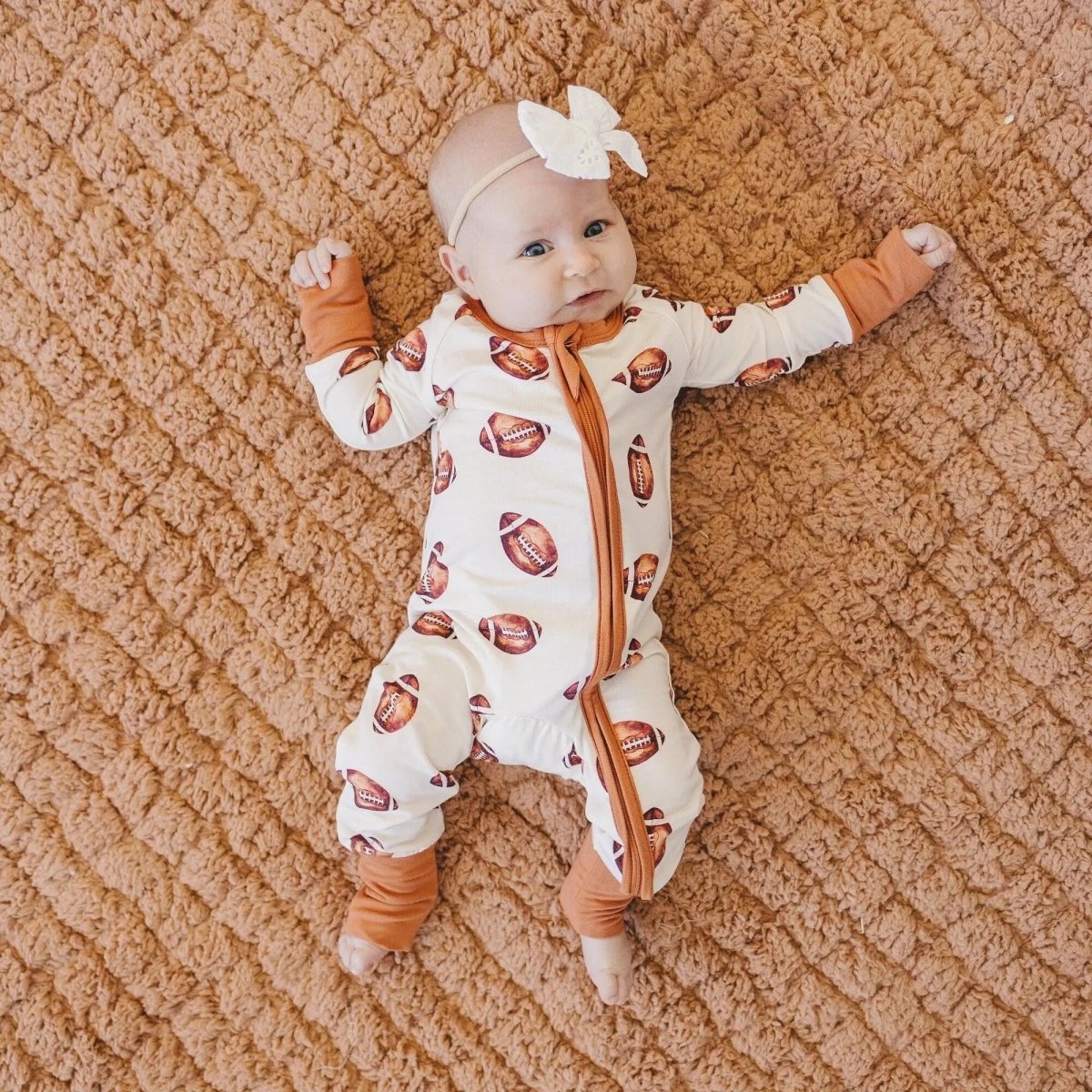 Little Joy Co. Football Print Bamboo Zipper Romper for Babies Soft - Everetts Place Boutique - 