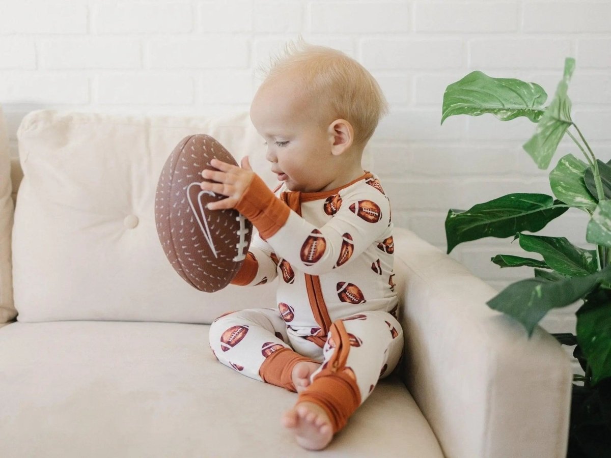 Little Joy Co. Football Print Bamboo Zipper Romper for Babies Soft - Everetts Place Boutique - 