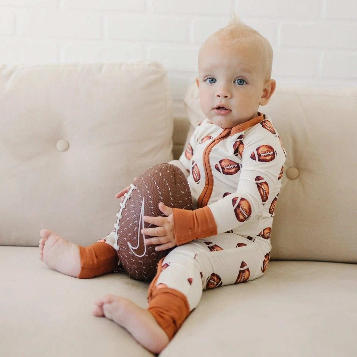 Little Joy Co. Football Print Bamboo Zipper Romper for Babies Soft - Everetts Place Boutique - 
