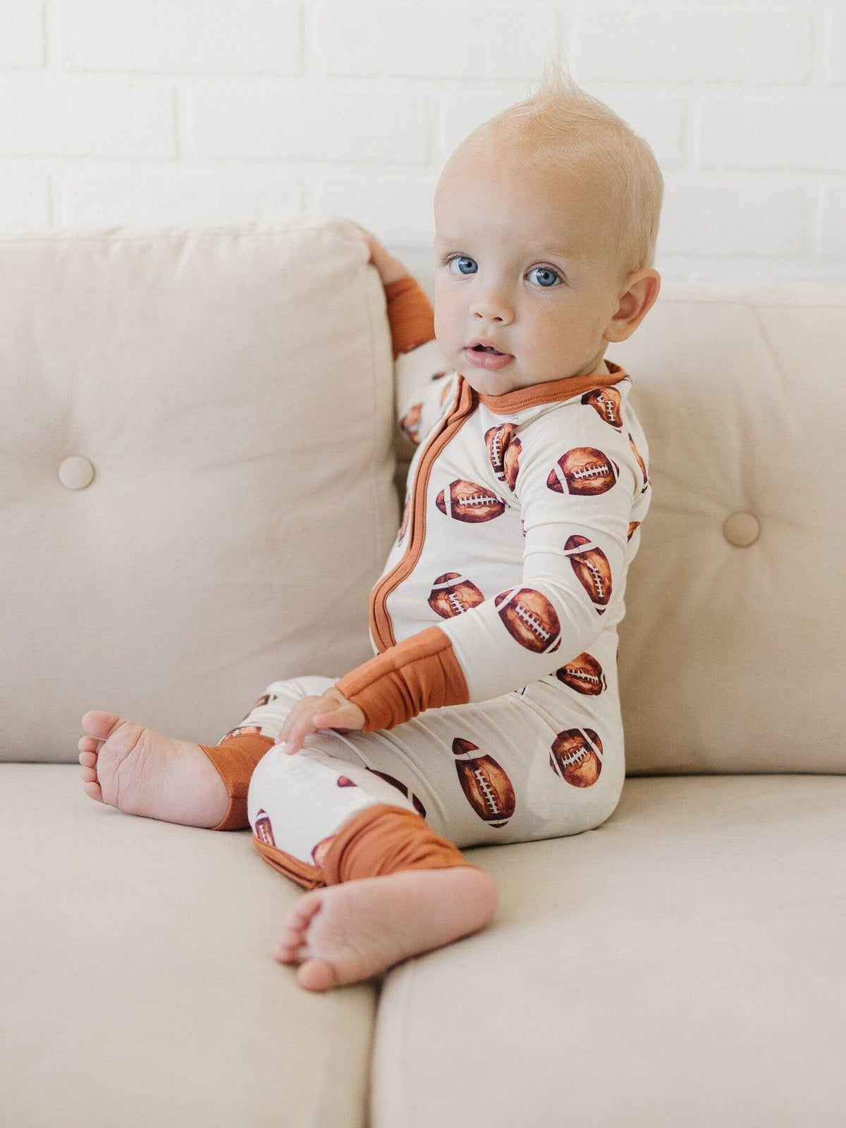 Football Print Bamboo Zippy Romper by Little Joy Co.