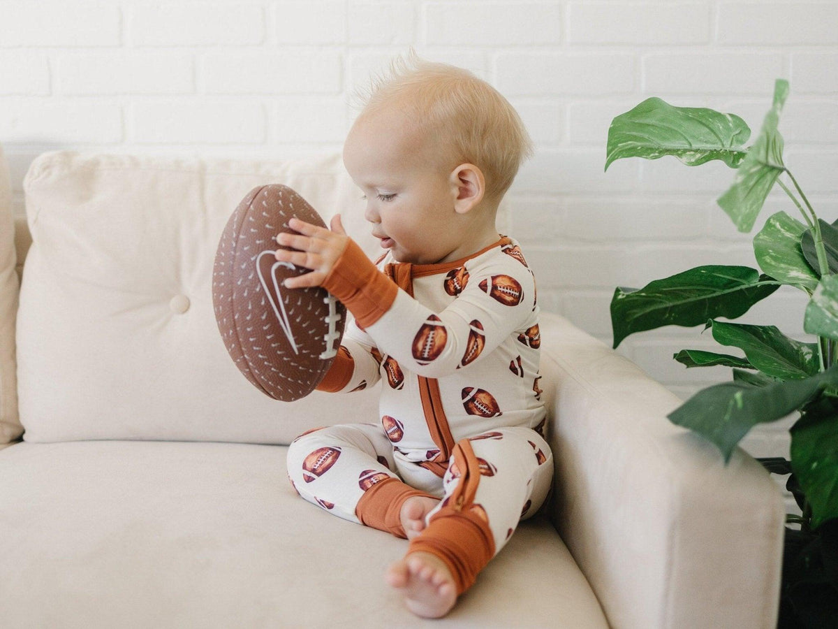 Football Print Bamboo Zippy Romper by Little Joy Co.