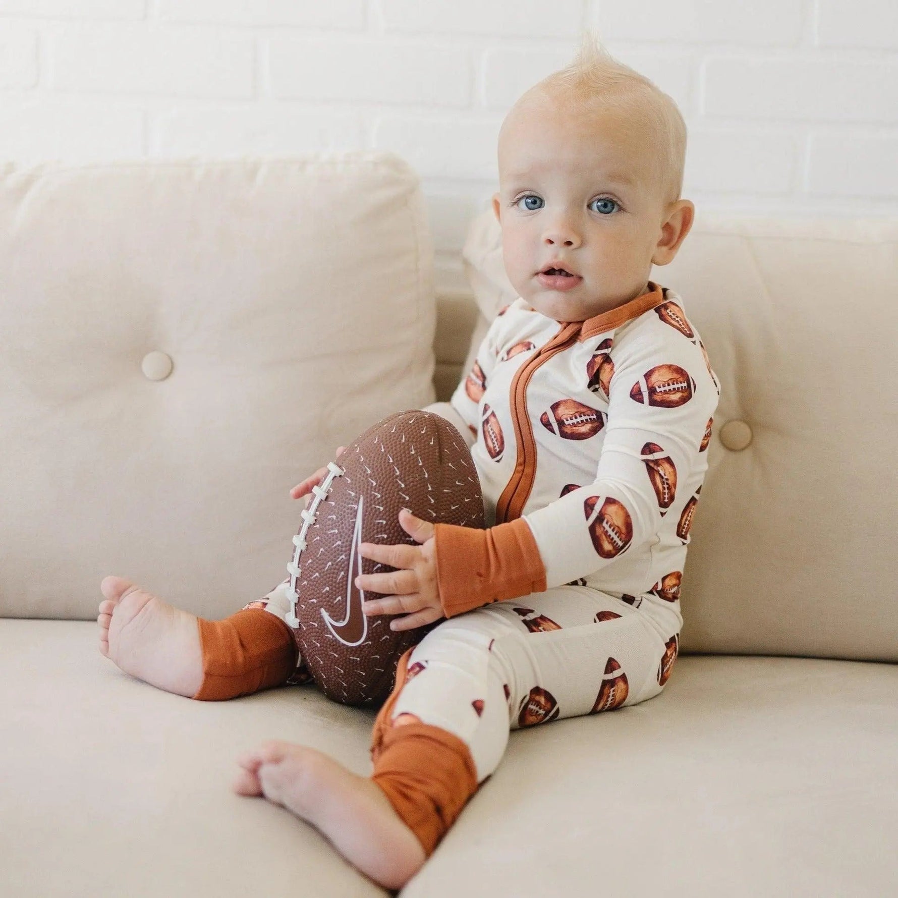 Football Print Bamboo Zippy Romper - Sleeve, Baby & Toddler Clothing, Child, Brown, Toddler | Everetts Place