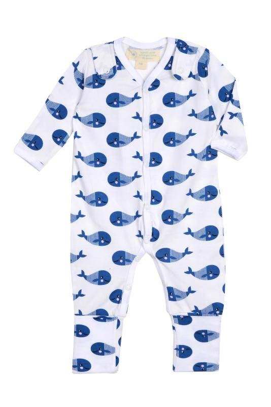 Footed one-piece blue whale print with attachable bib, organic cotton, GOTS certified.