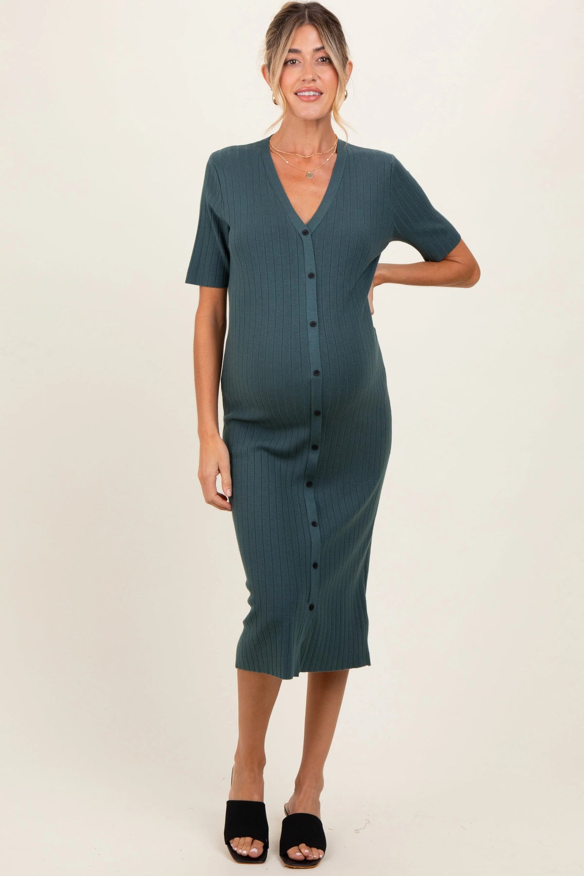 PinkBlush Forest Green Button Down Maternity Sweater Midi Dress - 