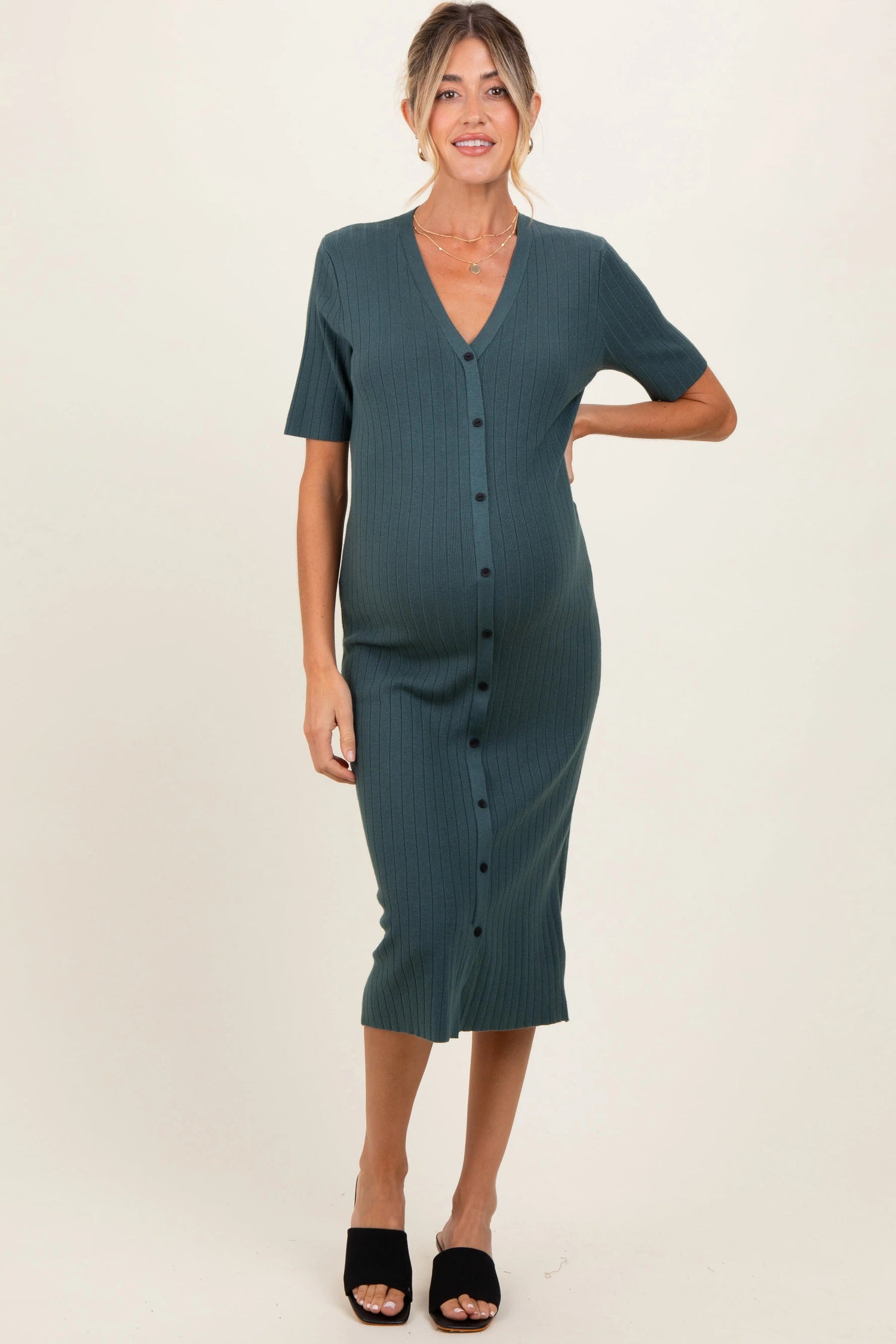 PinkBlush Forest Green Button Down Maternity Sweater Midi Dress - 
