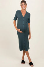 PinkBlush Forest Green Button Down Maternity Sweater Midi Dress - 
