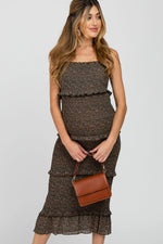 PinkBlush Forest Green Floral Print Smocked Fitted Maternity Midi Dress - 