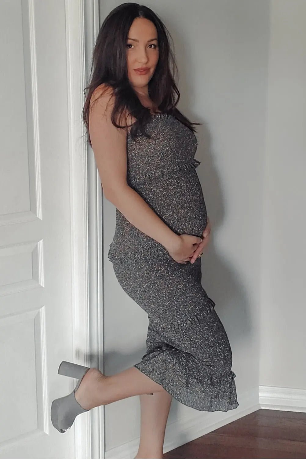 PinkBlush Forest Green Floral Print Smocked Fitted Maternity Midi Dress - 
