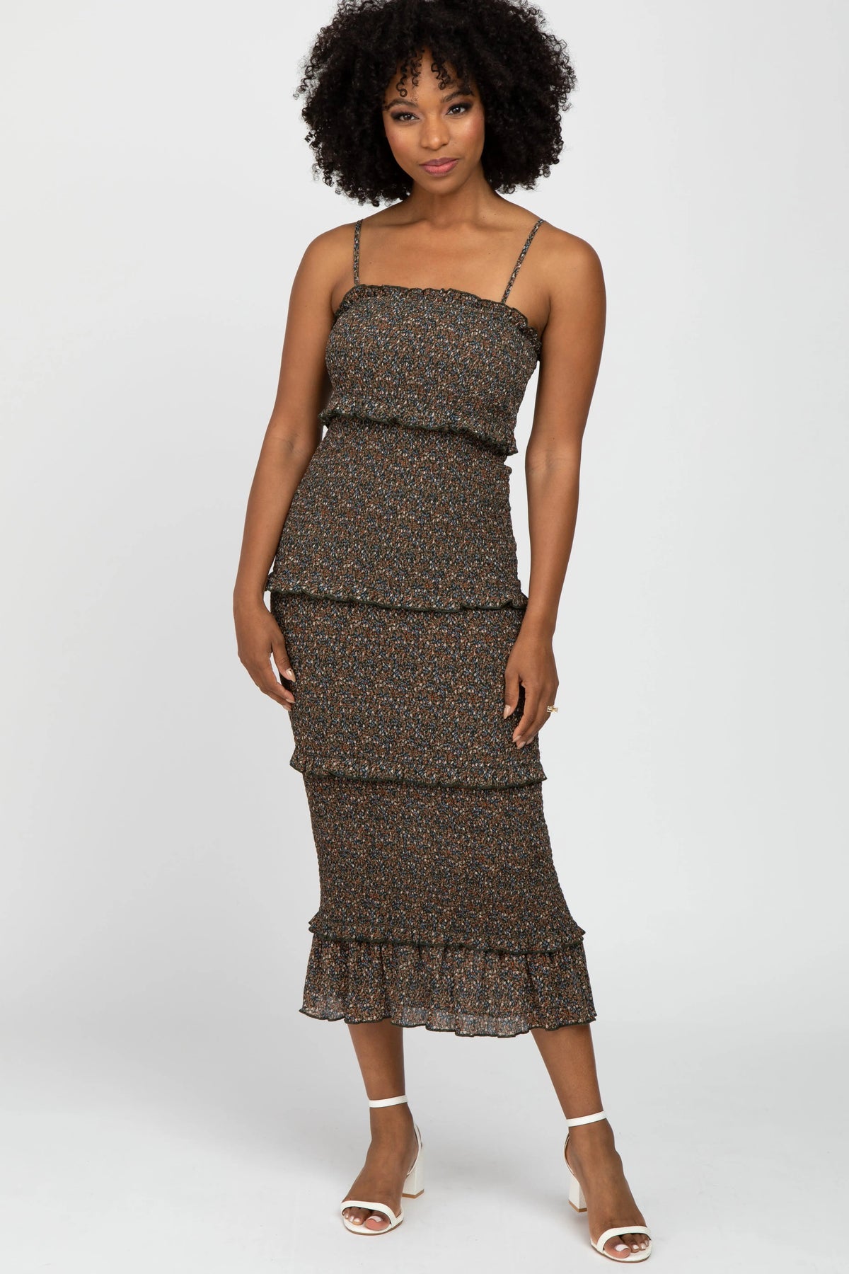 Forest Green Floral Print Smocked Fitted Midi Dress - Day Dress, Person, Sandal, High heels, Shoe | Everetts Place