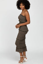 PinkBlush Forest Green Floral Print Smocked Fitted Midi Dress - 