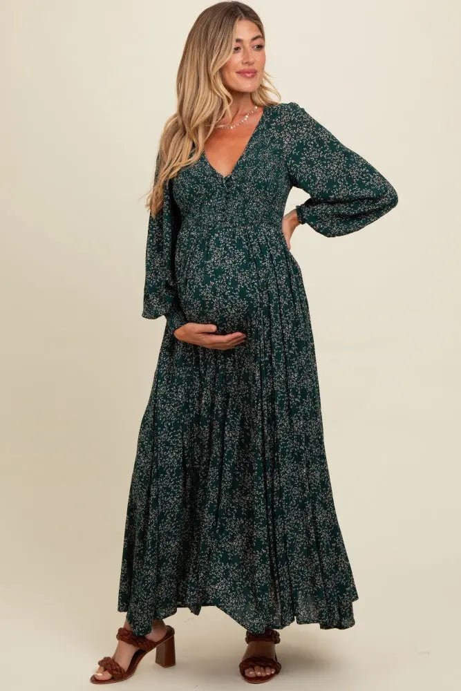 PinkBlush Forest Green Floral Smocked Button Detail Maternity Maxi Dress - 