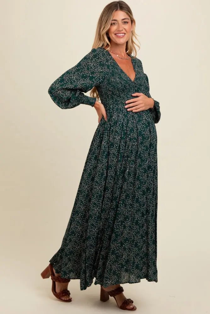 PinkBlush Forest Green Floral Smocked Button Detail Maternity Maxi Dress - 