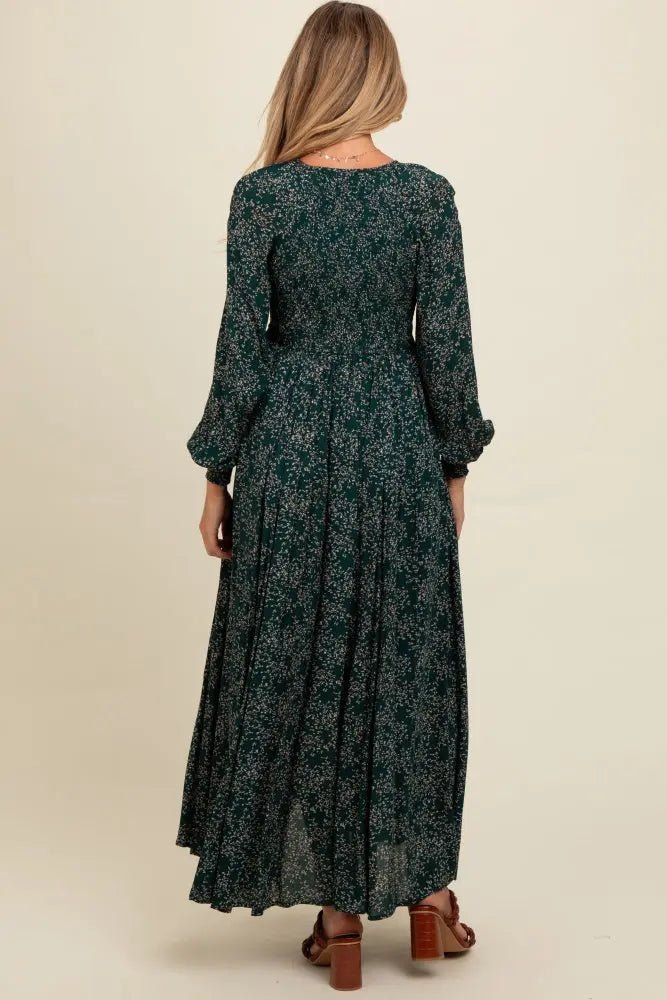 PinkBlush Forest Green Floral Smocked Button Detail Maternity Maxi Dress - 