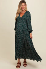 PinkBlush Forest Green Floral Smocked Button Detail Maternity Maxi Dress - 