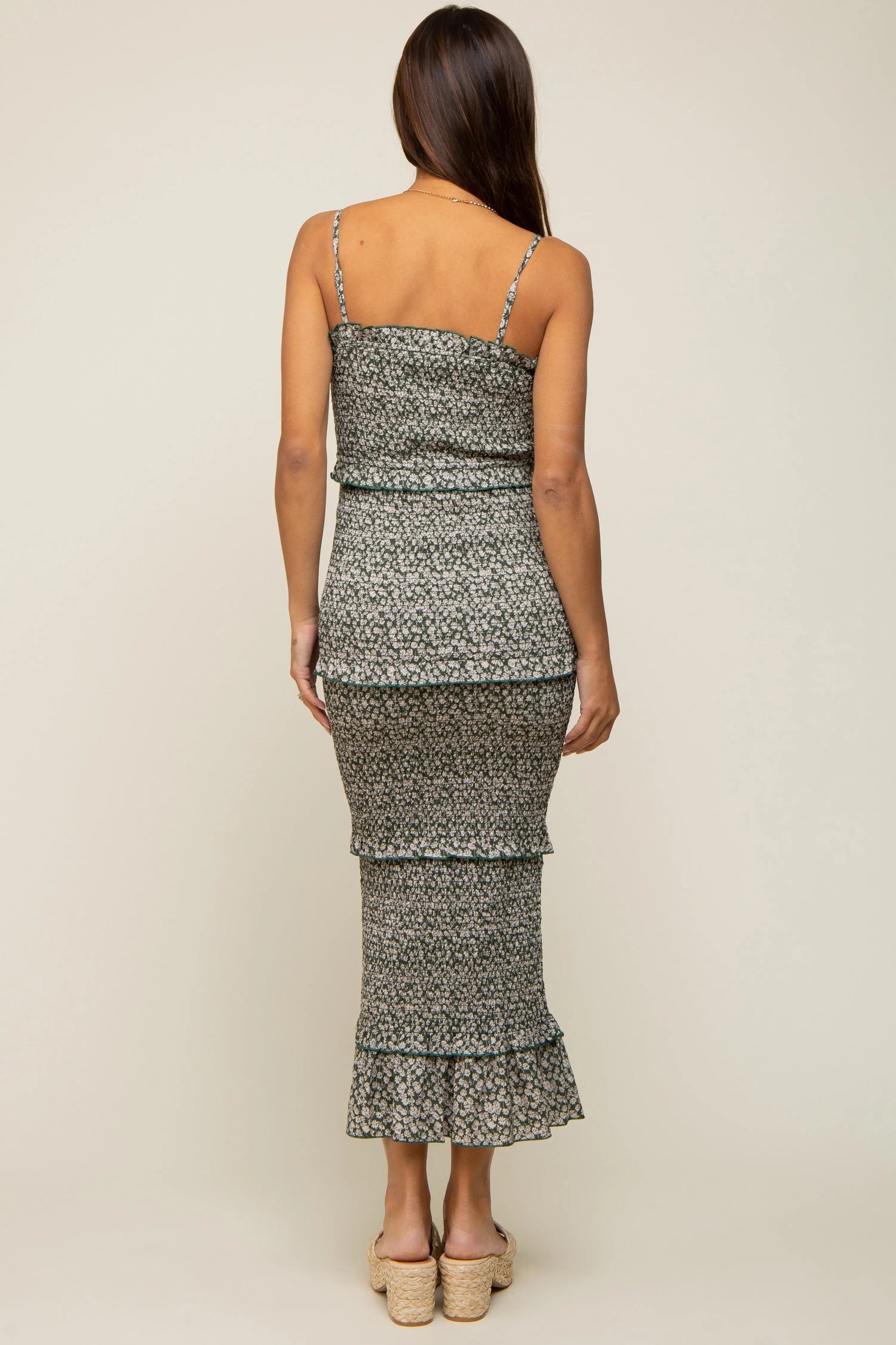 PinkBlush Forest Green Floral Smocked Ruffle Tier Maternity Midi Dress - 