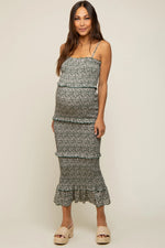 Forest Green Floral Smocked Ruffle Tier Maternity Midi Dress - Strapless dress, Day Dress, Person, Shoe, Sandal | Everetts Place