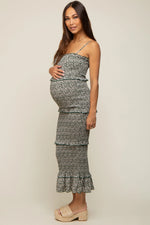PinkBlush Forest Green Floral Smocked Ruffle Tier Maternity Midi Dress - 