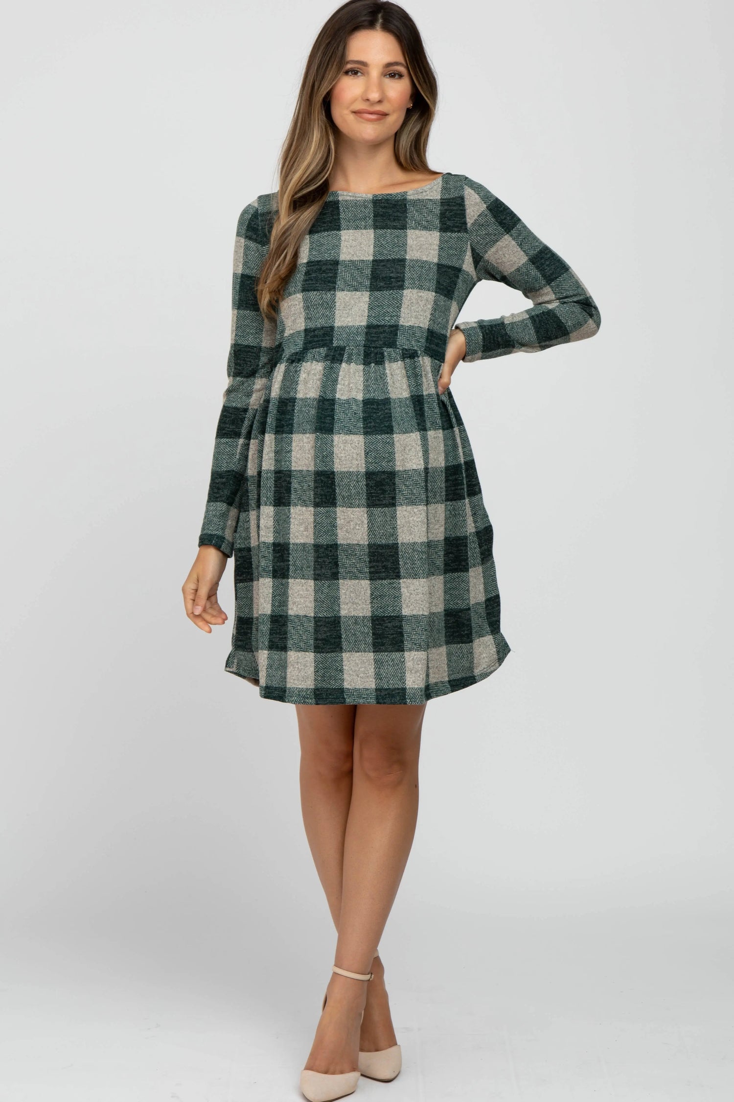 PinkBlush Forest Green Plaid Knit Maternity Dress - 